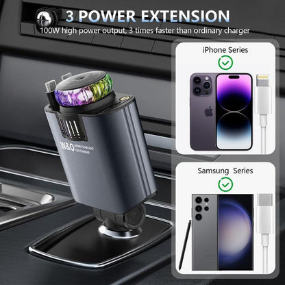 2025 Starlight 5-in-1 Car chargers | Retractable Fast Charger with Dual Ports, USB-C & Lightning Cable |