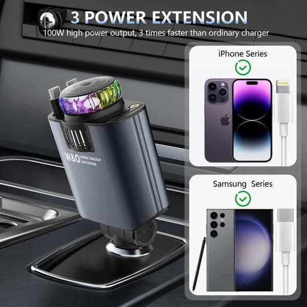 2025 Starlight 5-in-1 Car chargers | Retractable Fast Charger with Dual Ports, USB-C & Lightning Cable |